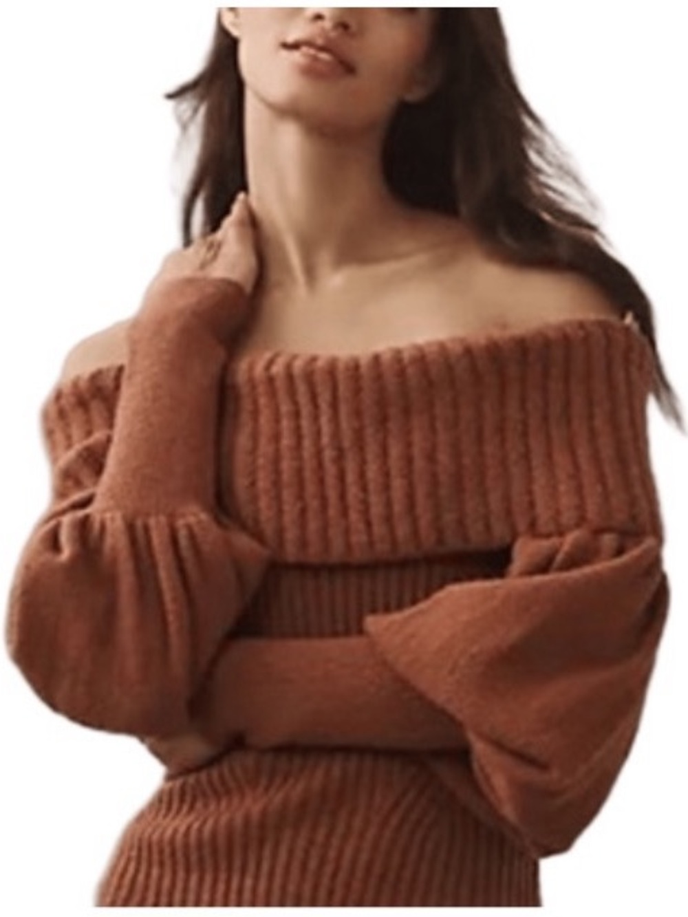 Anthropologie Off-Shoulder Ribbed Balloon-Sleeve Sweater Dress - Rust